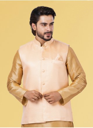 Men's Cream Silk Diamond Work Nehru Jackets