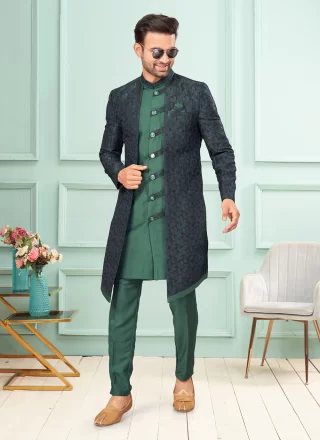 Men's Green and Blue Brocade Indo Western with Embroidered and Fancy Work