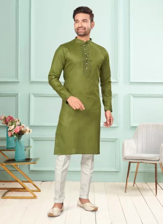 Men's Green Cotton Fancy Work Kurta Pyjama