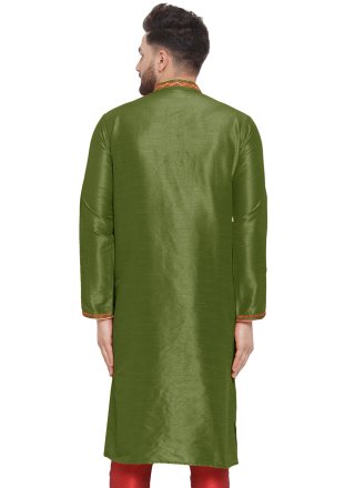 Men's Green Dupion Silk Kurta Mens Wear with Embroidered Work