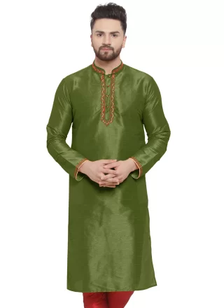Men's Green Dupion Silk Kurta Mens Wear with Embroidered Work