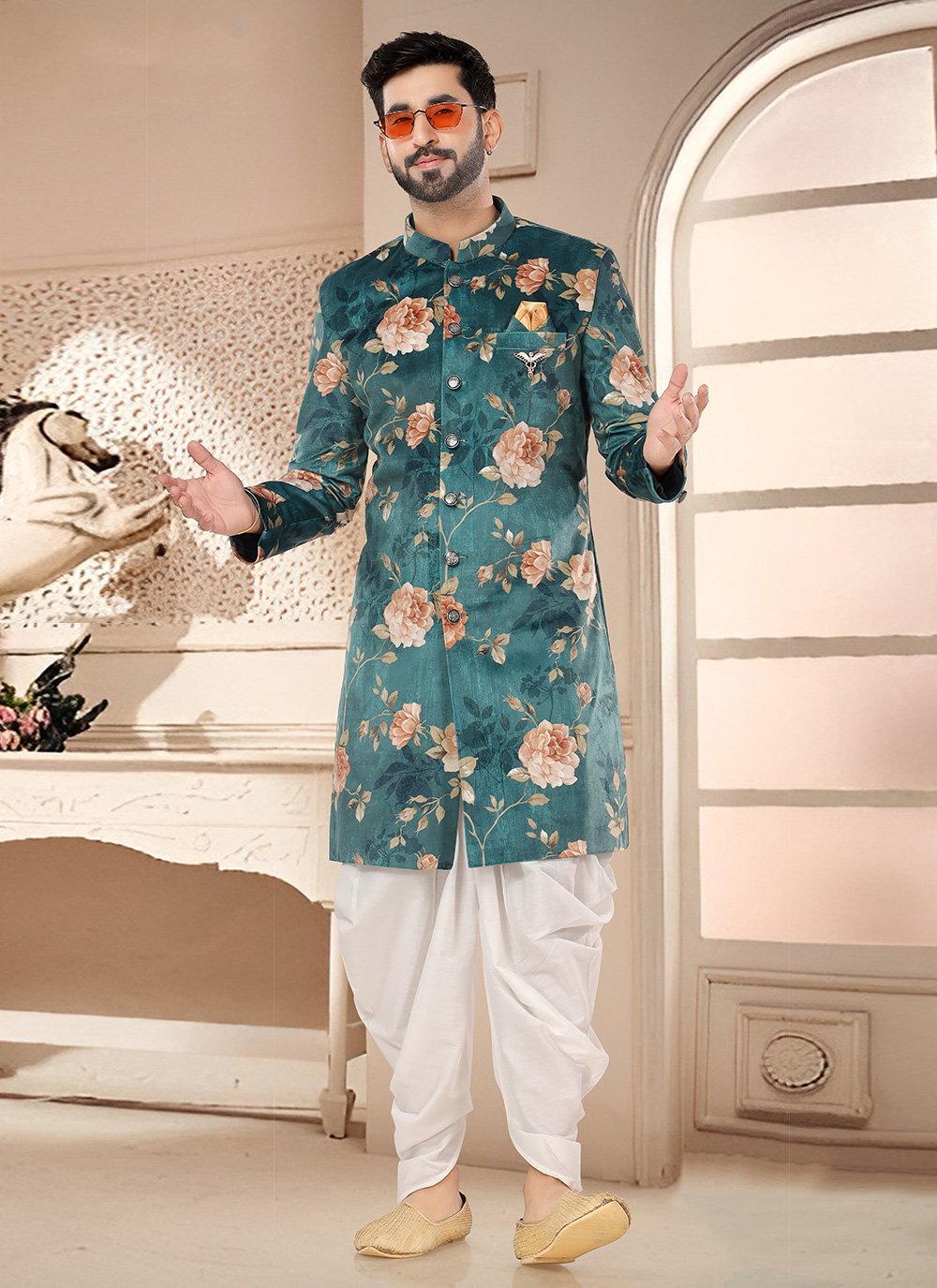 Men s Green Velvet Sherwani Mens Wear with Digital Print Work