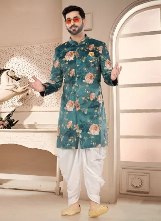 Men's Green Velvet Sherwani Mens Wear with Digital Print Work