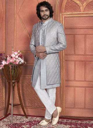 Men's Grey Art Silk Embroidered and Hand Work Indo Western