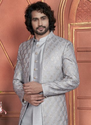 Men's Grey Art Silk Embroidered and Hand Work Indo Western