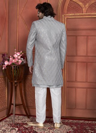 Men's Grey Art Silk Embroidered and Hand Work Indo Western