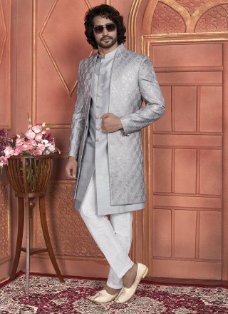 Men's Grey Art Silk Embroidered and Hand Work Indo Western