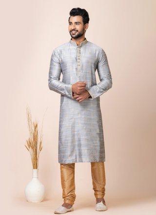 Men's Grey Cotton Jacquard Work Kurta Pyjama