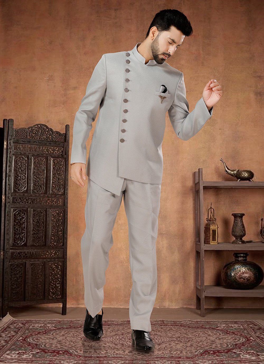 Buy Men s Grey Rayon Buttons Work Jodhpuri Suit Online