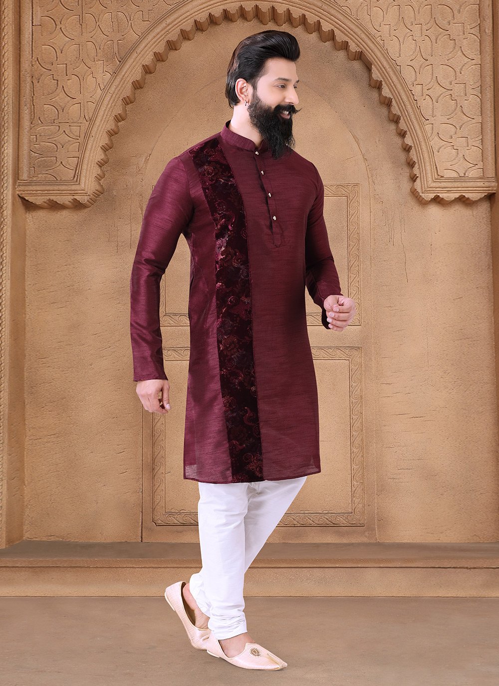 Buy Men's Maroon Silk Kurta Mens Wear with Fancy Work 288936