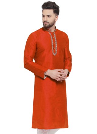 Men's Orange Dupion Silk Kurta Mens Wear with Embroidered Work