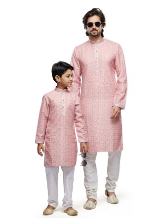 Men's Pink Cotton Mens & Kids Combo with Digital Print Work