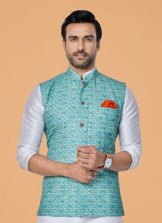Men's Rama Polyester Embroidered Work Nehru Jackets