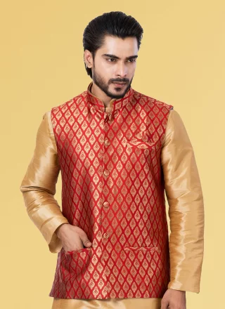 Men's Red Silk Nehru Jackets with Jacquard Work