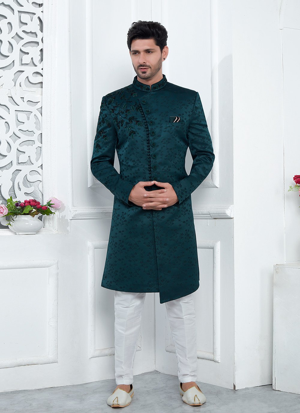 Buy Online Men's Teal Art Silk Sherwani Mens Wear with Embroidered