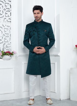 Men's Teal Art Silk Sherwani Mens Wear with Embroidered Work