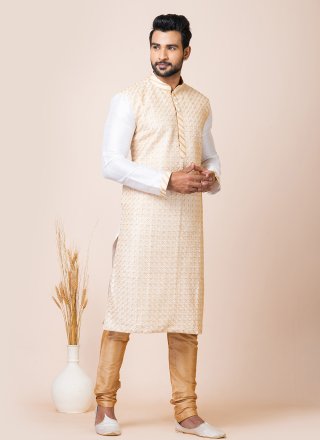Men's White Banarasi Silk Kurta Pyjama with Embroidered Work