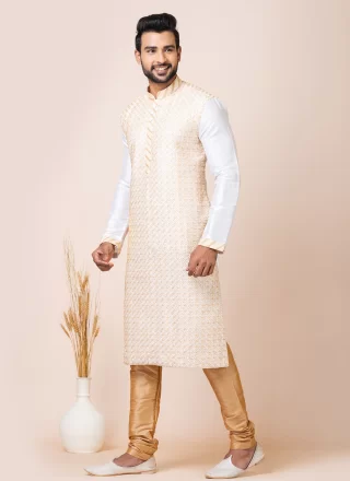 Men's White Banarasi Silk Kurta Pyjama with Embroidered Work
