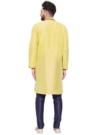 Men's Yellow Dupion Silk Embroidered Work Kurta Pyjama