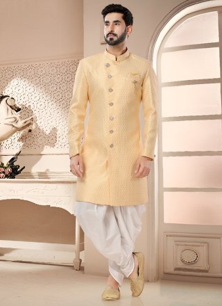 Men's Yellow Jacquard Sherwani Mens Wear with Patch Border and Woven Work