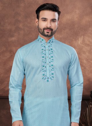 Men Sea Green Cotton Kurta Mens Wear with Hand Work
