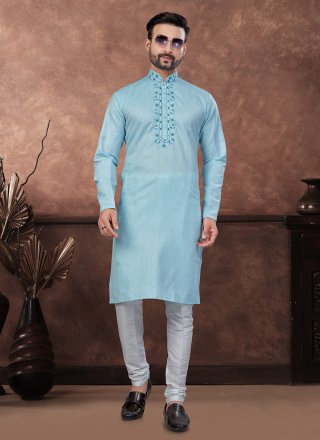 Men Sea Green Cotton Kurta Mens Wear with Hand Work