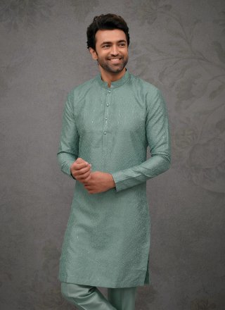 Men Sea Green Silk Kurta Pyjama with Embroidered Work
