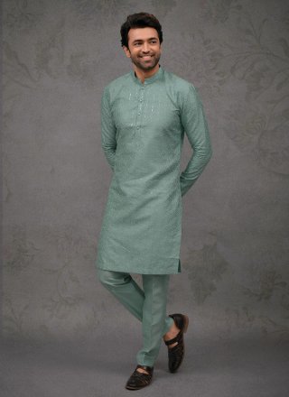 Men Sea Green Silk Kurta Pyjama with Embroidered Work