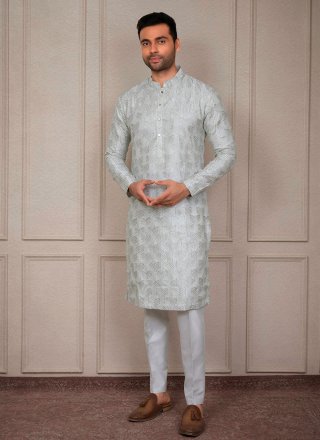 Men Silver Silk Embroidered Work Kurta Pyjama