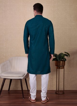 Men Teal Cotton Embroidered and Sequins Work Kurta Pyjama