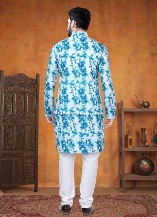 Men Teal Cotton Print Work Kurta Payjama with Jacket