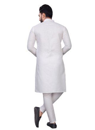 Men White Cotton Plain Work Kurta Pyjama