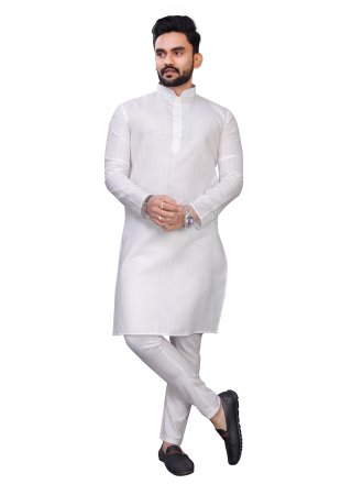 Men White Cotton Plain Work Kurta Pyjama