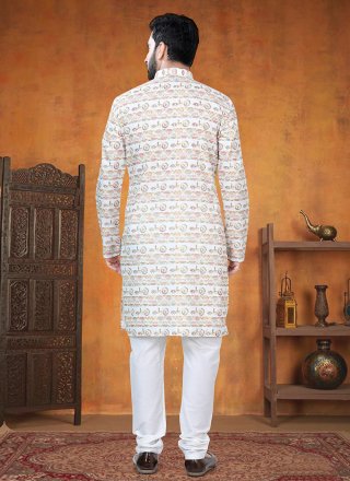 Men White Cotton Print Work Kurta Pyjama