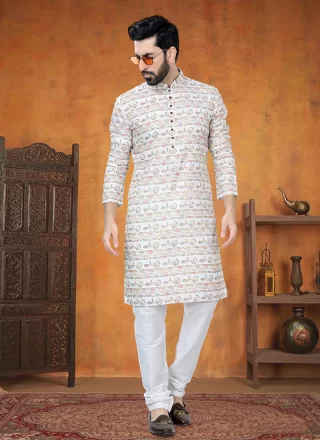 Men White Cotton Print Work Kurta Pyjama