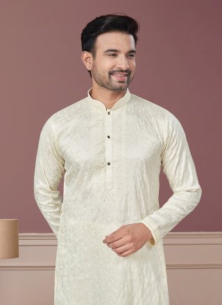 Men White Pure Silk Embroidered and Sequins Work Kurta Pyjama