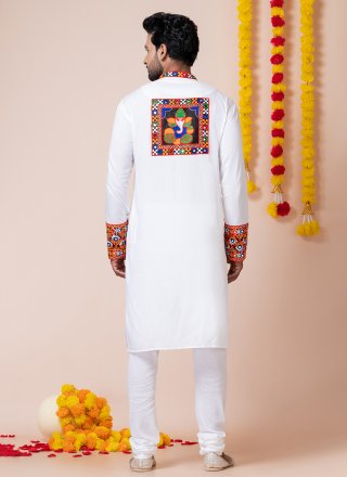 Men White Rayon Lace, Machine Embroidery and Patch Border Work Kurta Pyjama