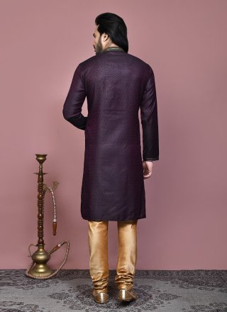 Men Wine Cotton Silk Resham and Woven Work Kurta Pyjama