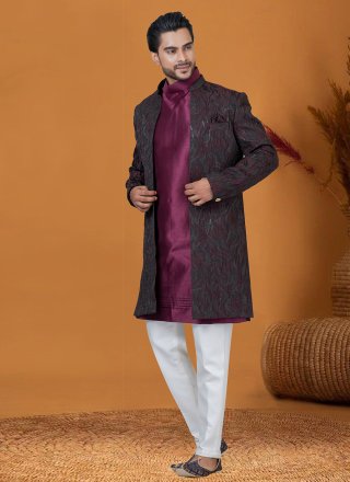 Men Wine Jacquard Silk Jacquard Work Indo Western