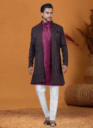 Men Wine Jacquard Silk Jacquard Work Indo Western