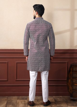 Men Wine Silk Kurta Pyjama with Chikankari and Embroidered Work