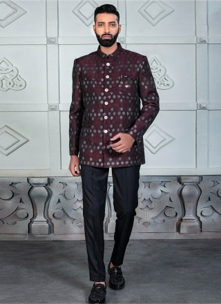 Men Wine Rayon Jodhpuri Suit with Jacquard Work