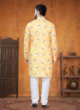 Men Yellow Cotton Kurta Pyjama with Print Work