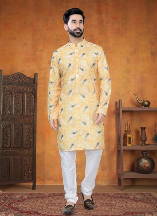Men Yellow Cotton Kurta Pyjama with Print Work