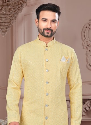 Men Yellow Lucknowi Indo Western Sherwani with Chikankari and Machine Embroidery Work
