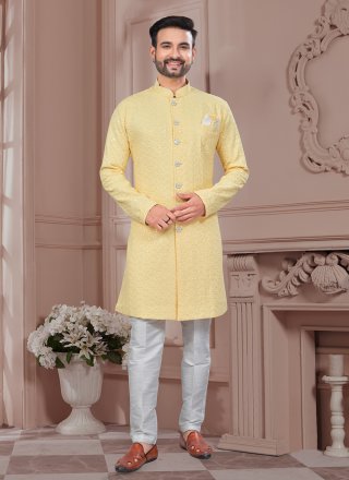 Men Yellow Lucknowi Indo Western Sherwani with Chikankari and Machine Embroidery Work