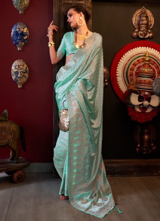 Mesmerizing Aqua Blue Satin Silk Contemporary Sari with Weaving Work