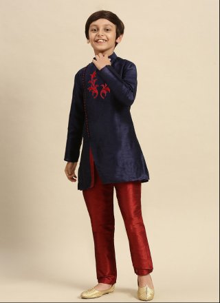Mesmerizing Blue Dupion Silk Angrakha Kids Wear with Embroidered Work