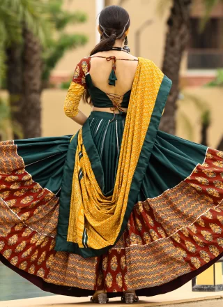 Mesmerizing Brown and Green Cotton Readymade Lehenga Choli with Print Work