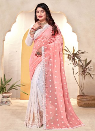 Mesmerizing Peach and White Georgette Trendy Saree